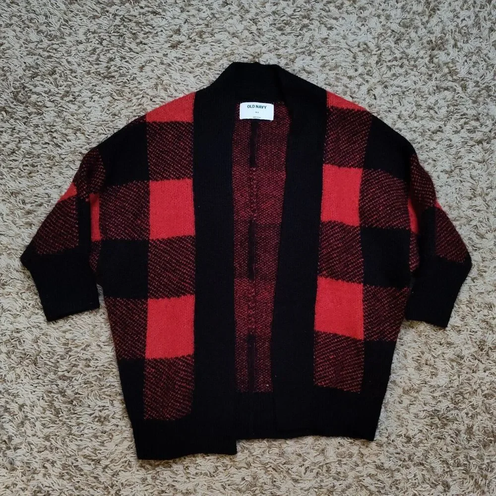 Old Navy Red Black Plaid Cardigan Girl Sz XS-S Long Sleeve‎ Sweater